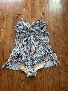 Garnet Hill Blue Print One Piece Swimsuit Swim dress Sz 16